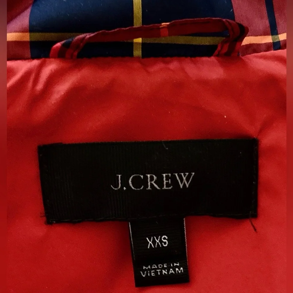 J Crew Excursion Red Navy Size XXS Quilted Vest Down Plaid Puffer Tartan